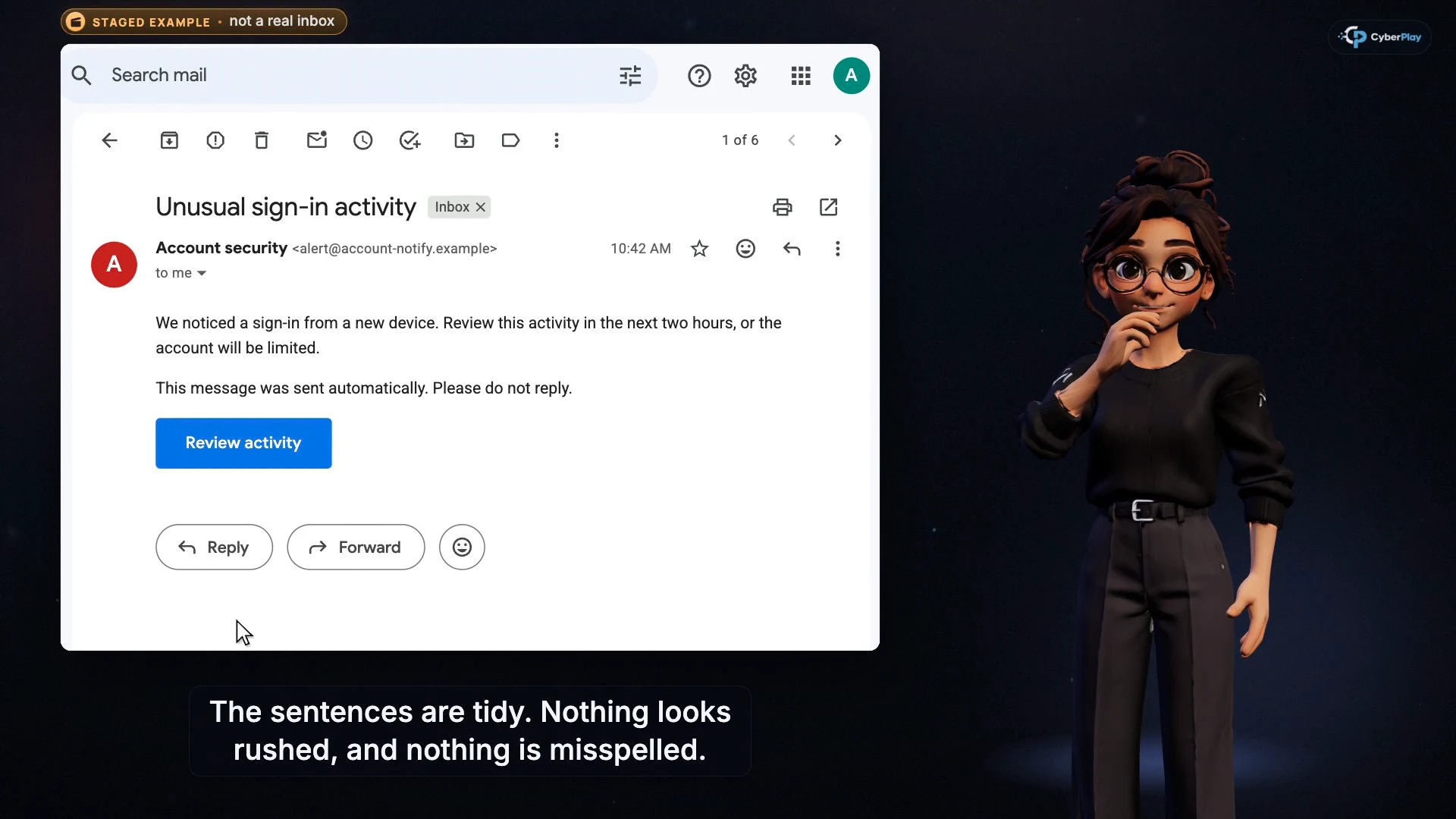 Nova introduces a staged security email in CyberPlay’s Modern email phishing course.