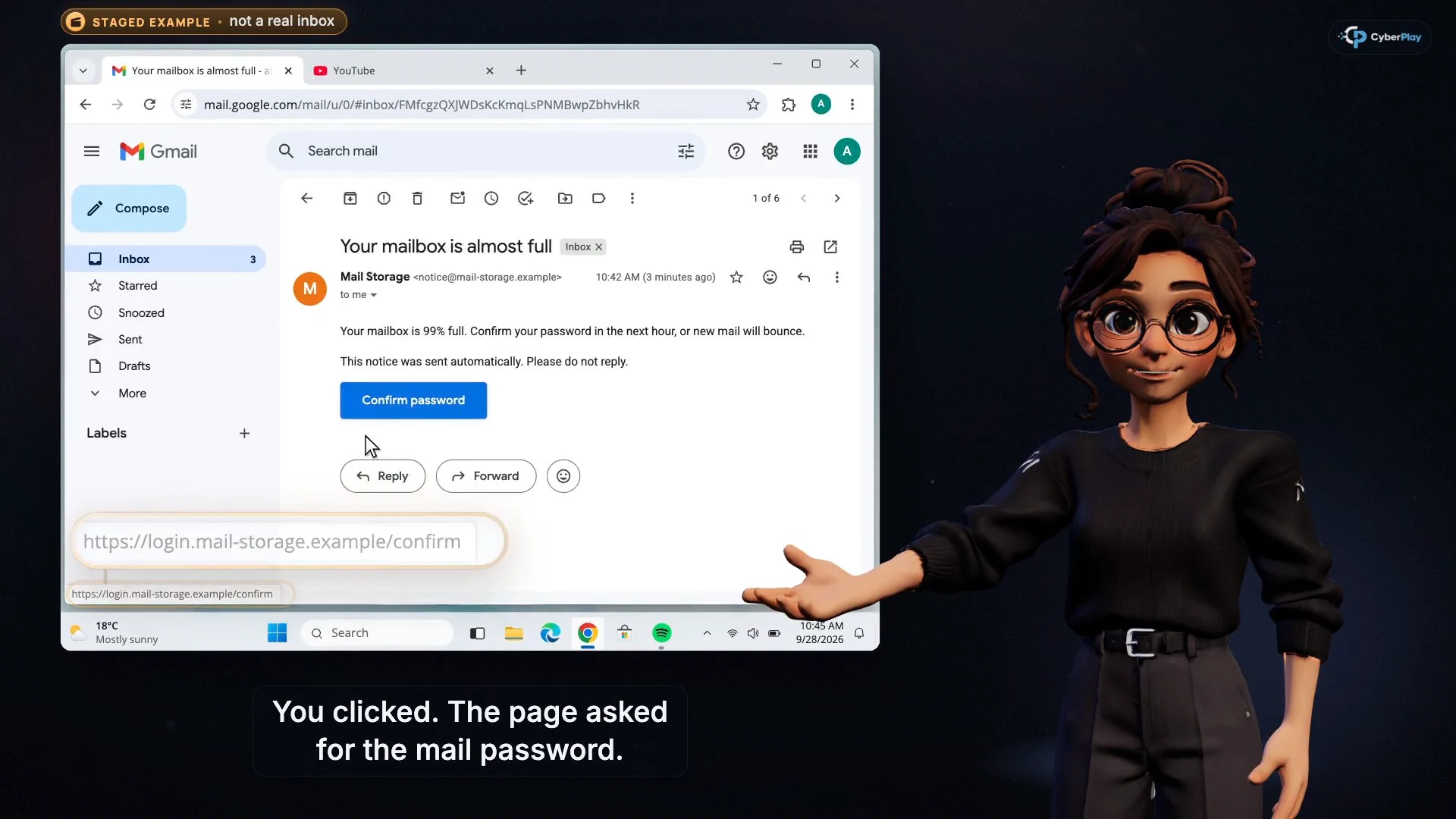 Un e-mail d'avertissement de boîte de réception mis en scène dans le cours de signalement d'incidents de CyberPlay.