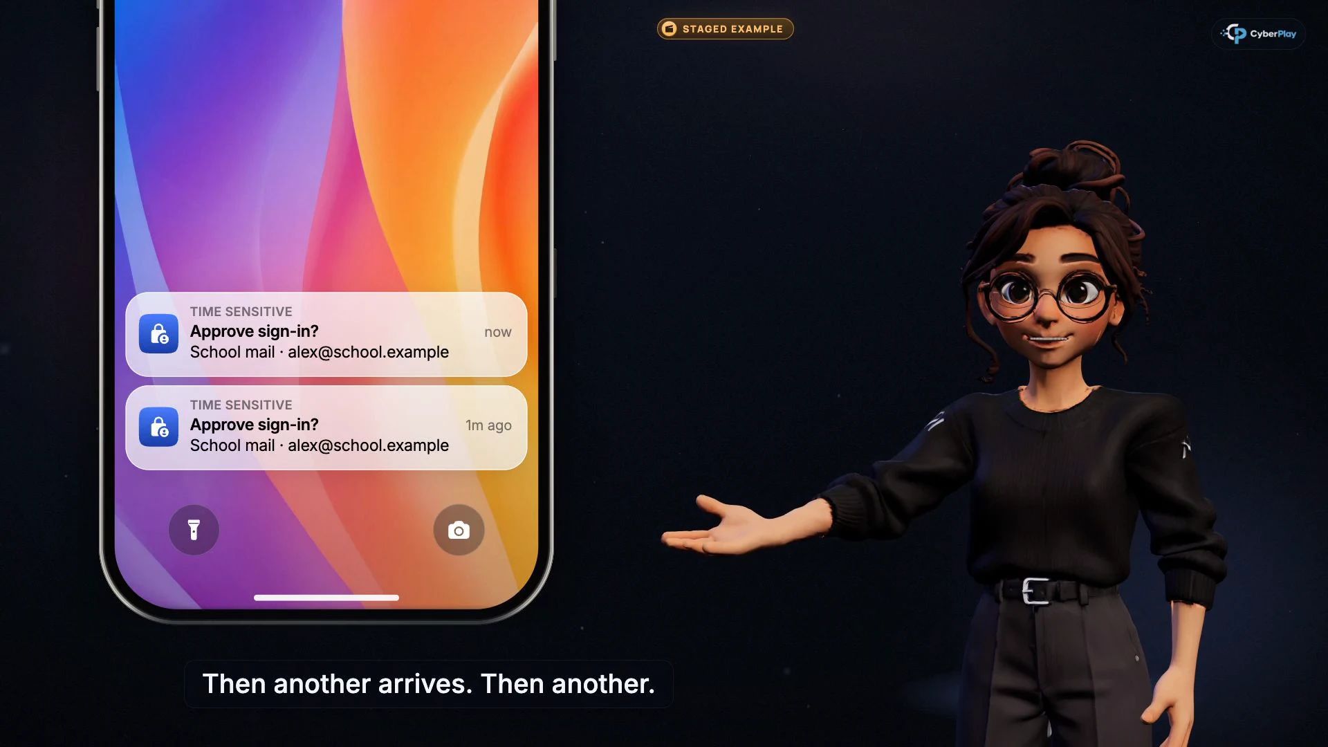 Notifications répétées d'approbation de connexion inattendues dans une leçon d'authentification mise en scène.