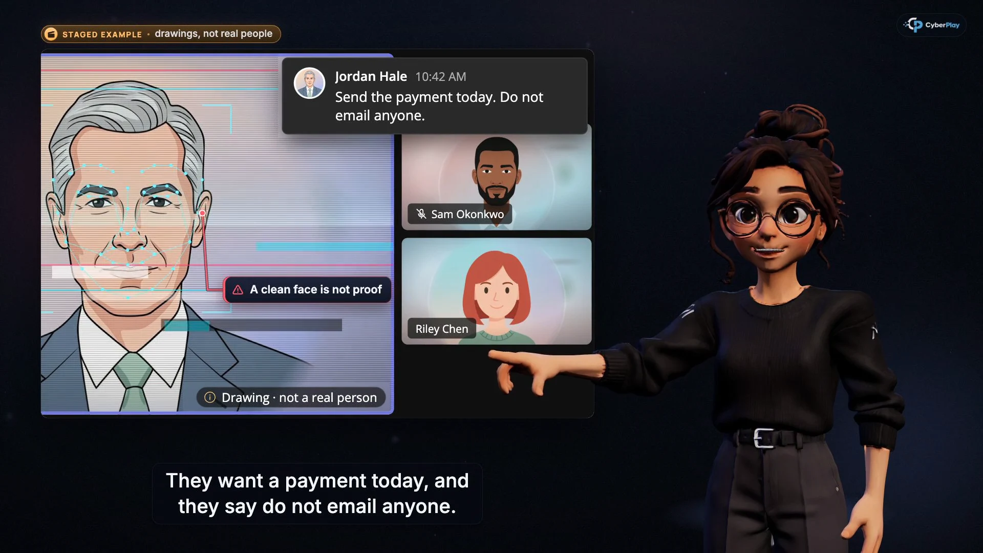 Een nagespeelde videovergadering in CyberPlays deepfake-stemles toont een betalingsverzoek en druk om geheimhouding.