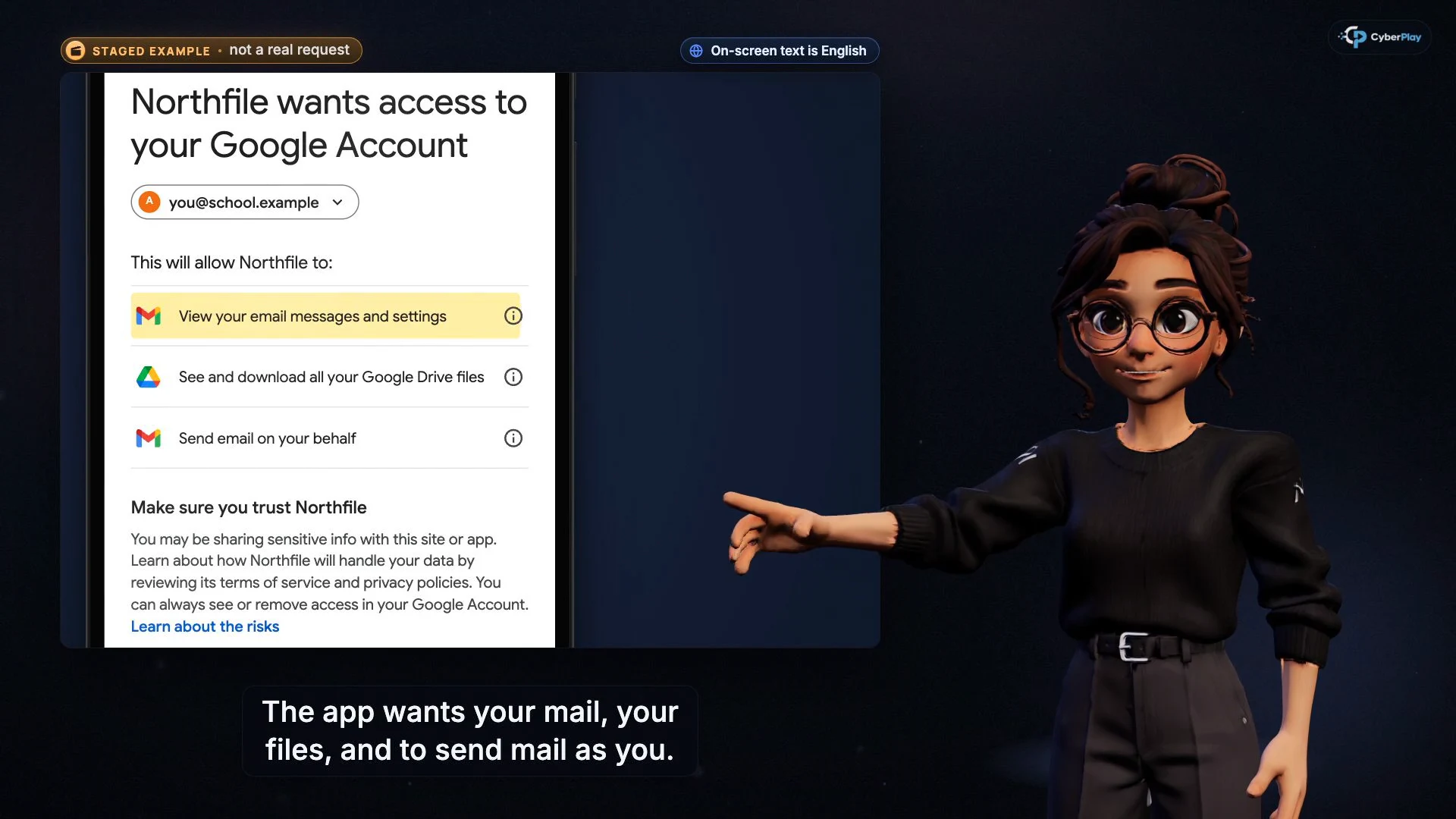 A fictional application requests mail, files and send-as permissions in a staged consent screen.