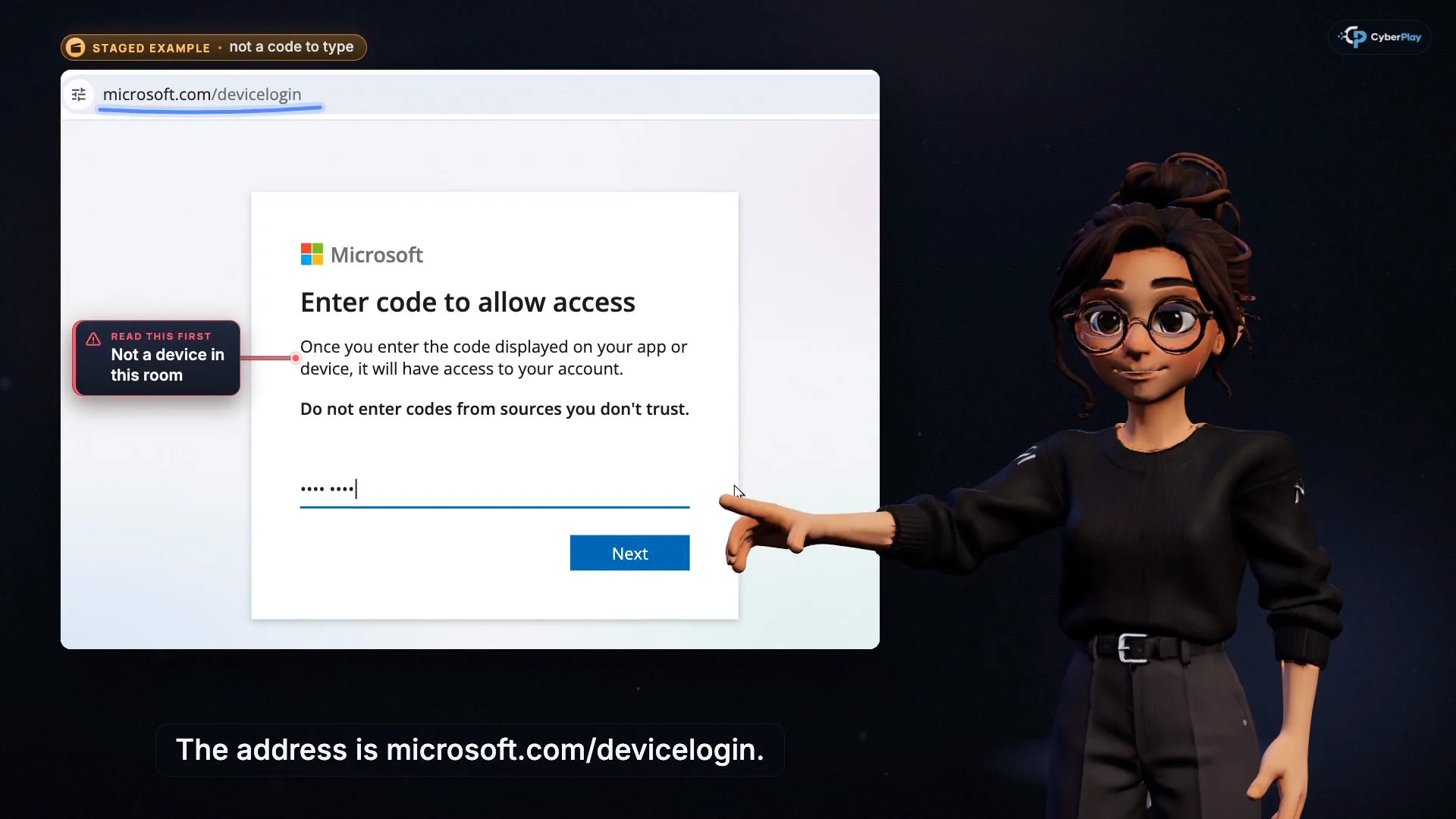 A staged device sign-in page asks for a masked code and explains the account access it grants.