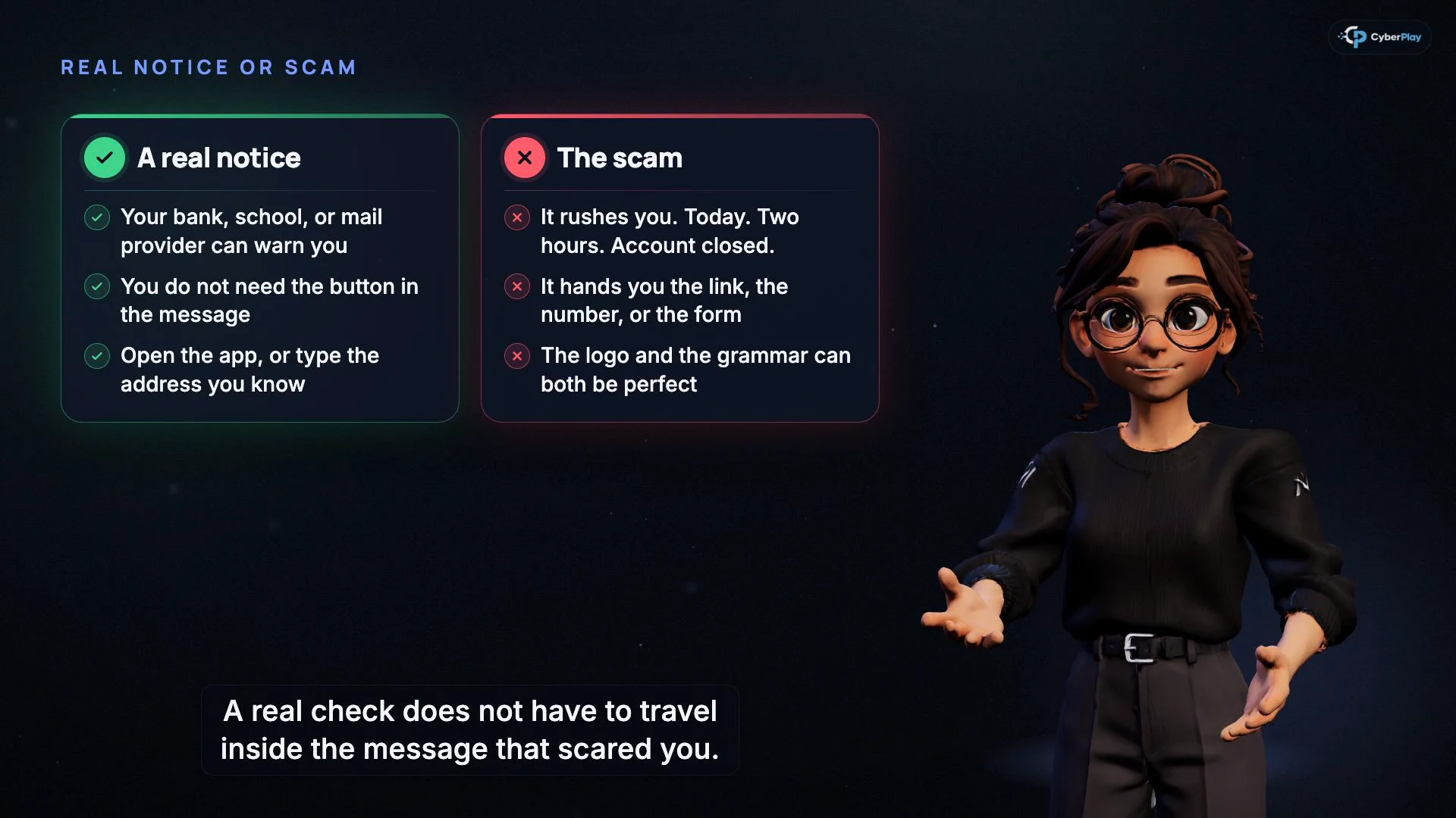 La leçon sur le hameçonnage par e-mail compare la vérification d'un avis via un canal de confiance avec l'urgence et les liens fournis dans un message.