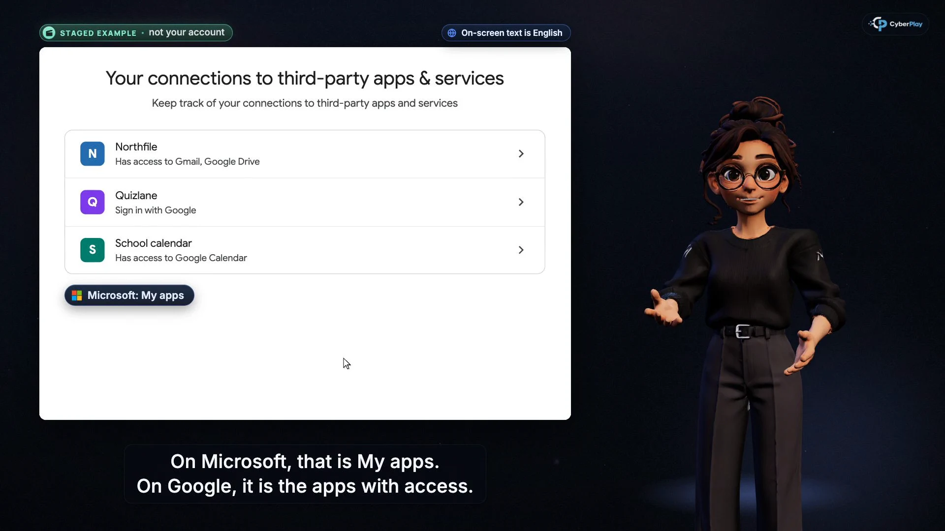 Une page de compte d'application connectée mise en scène liste des applications fictives et les informations auxquelles chacune peut accéder.