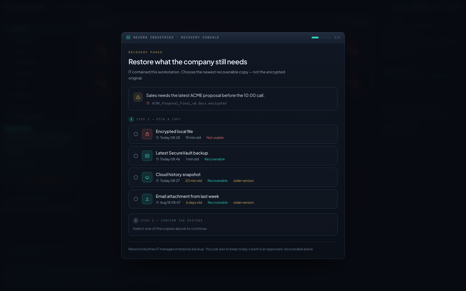 Recovery-console decision in Backup or Lose It. Fictional storage model after IT containment; English interface.