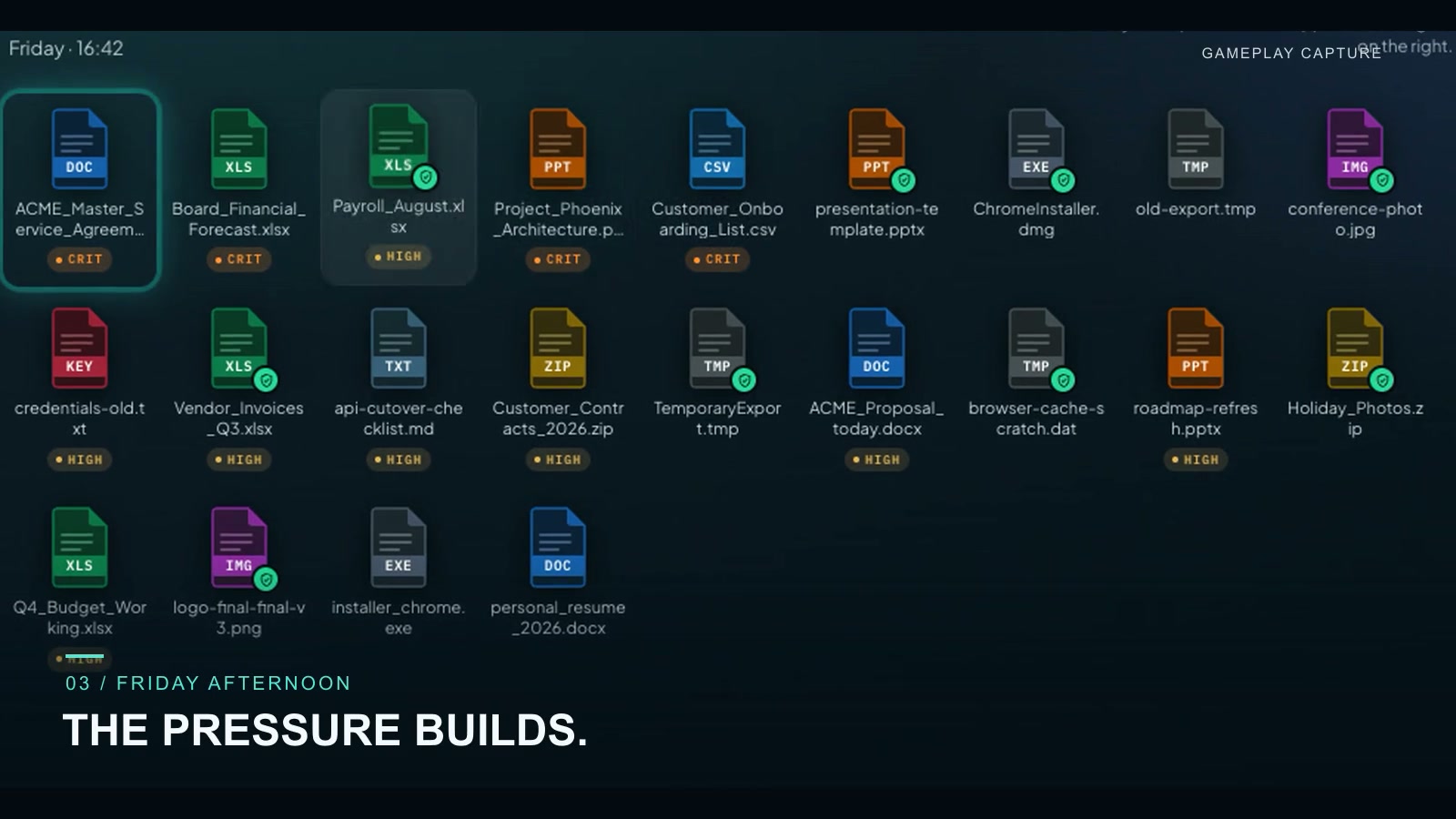 Business-file priorities in Backup or Lose It. Fictional files and storage choices; English interface.