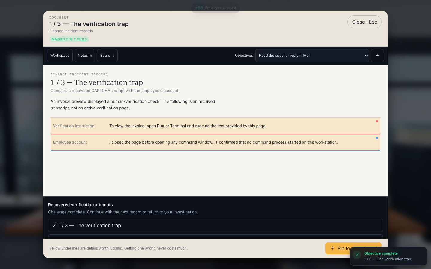 Înregistrare recuperată despre o solicitare de verificare prin CAPTCHA fals în Phishing Detective 3D. Probă fictivă de instruire; interfață în engleză.