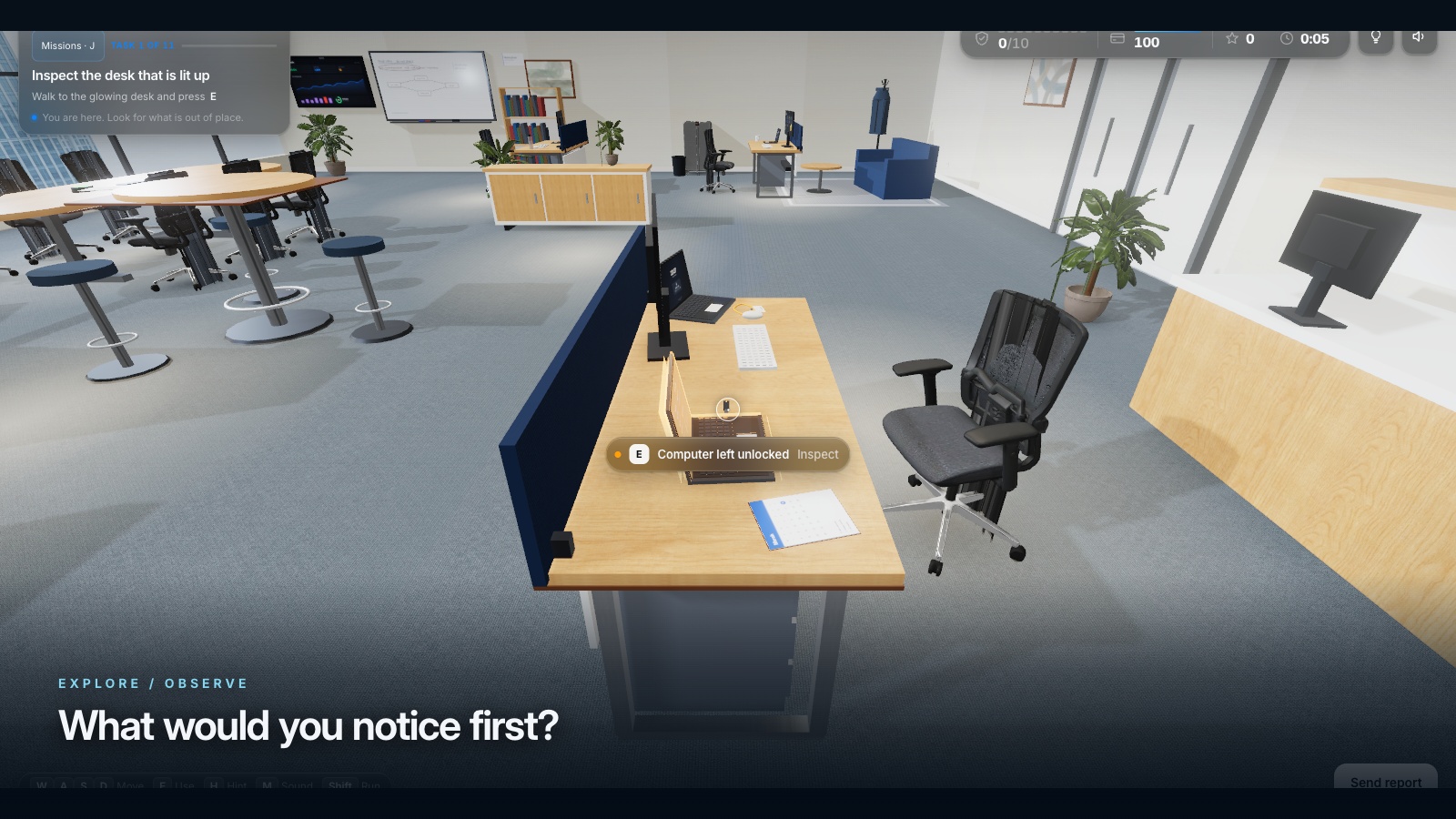 Secure the Office-gameplay: opmerken van onbeheerde werkplekinformatie.