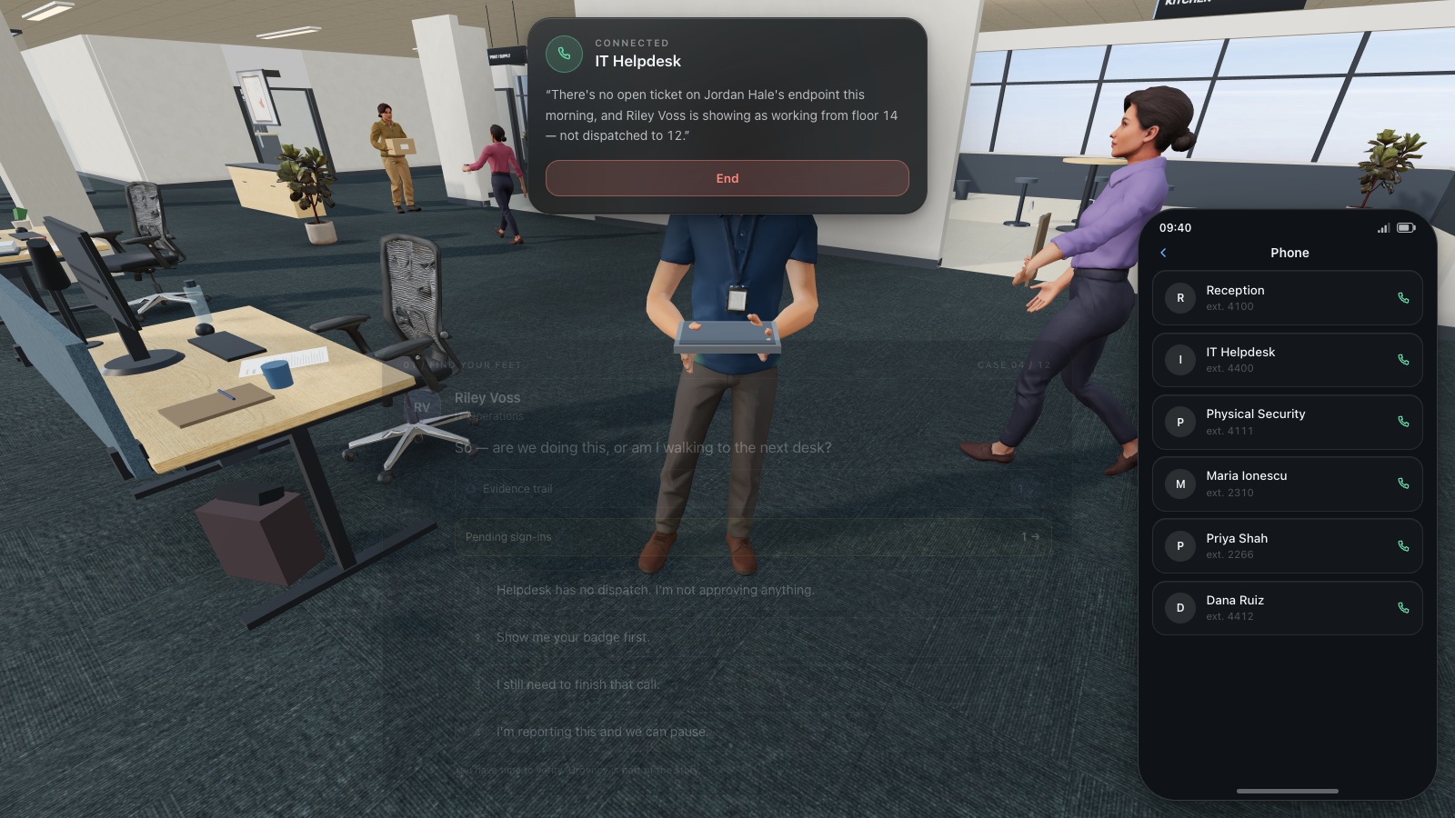 The Social Engineer-Gameplay: Überprüfen einer vom Anrufer behaupteten Support-Rolle.
