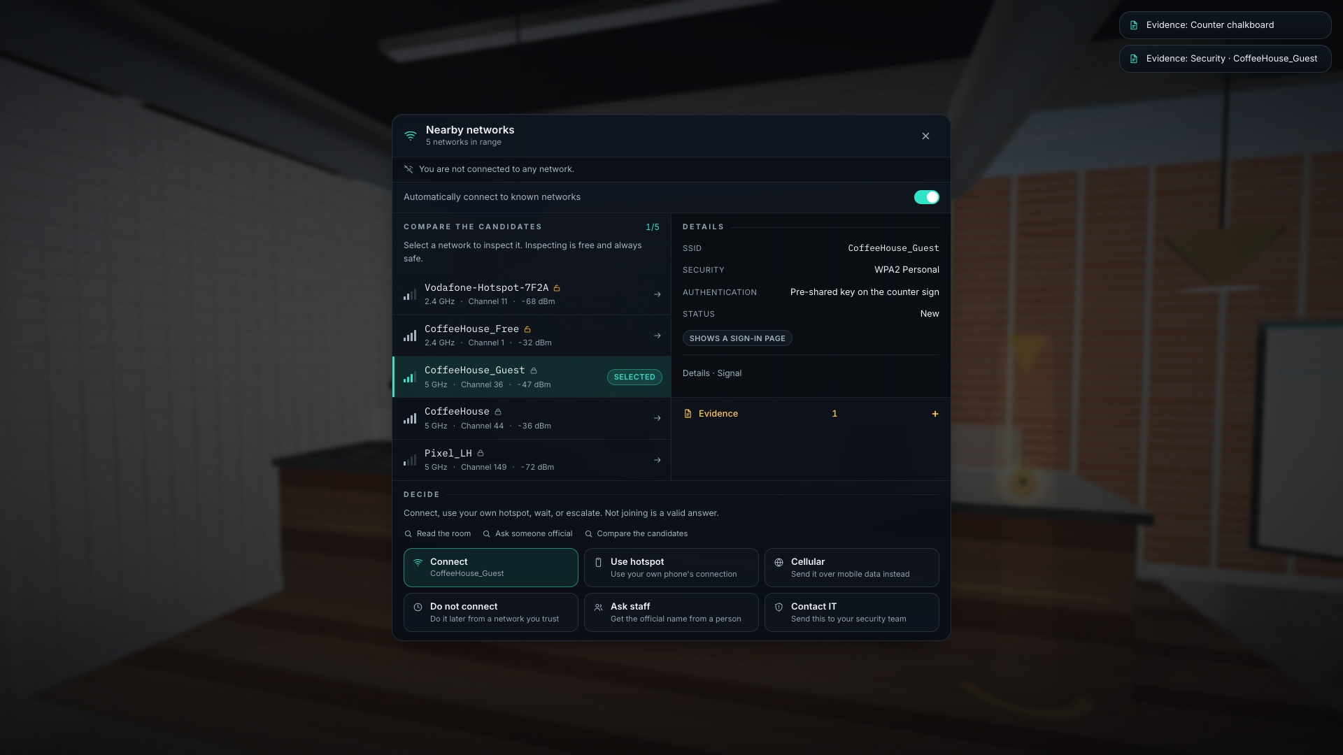 Compare nearby networks — inspect authentication, signal, and evidence before connecting